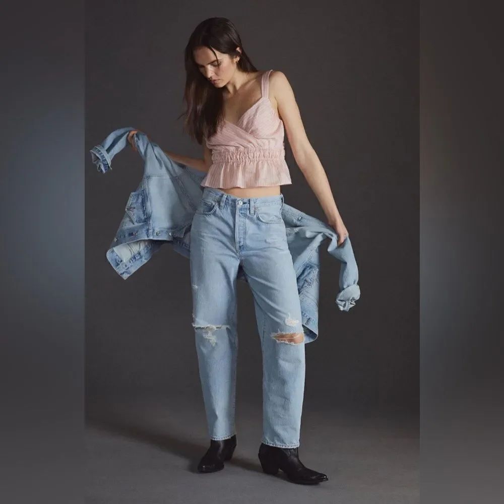 MAEVE Linen Blend Peplum Crop Top